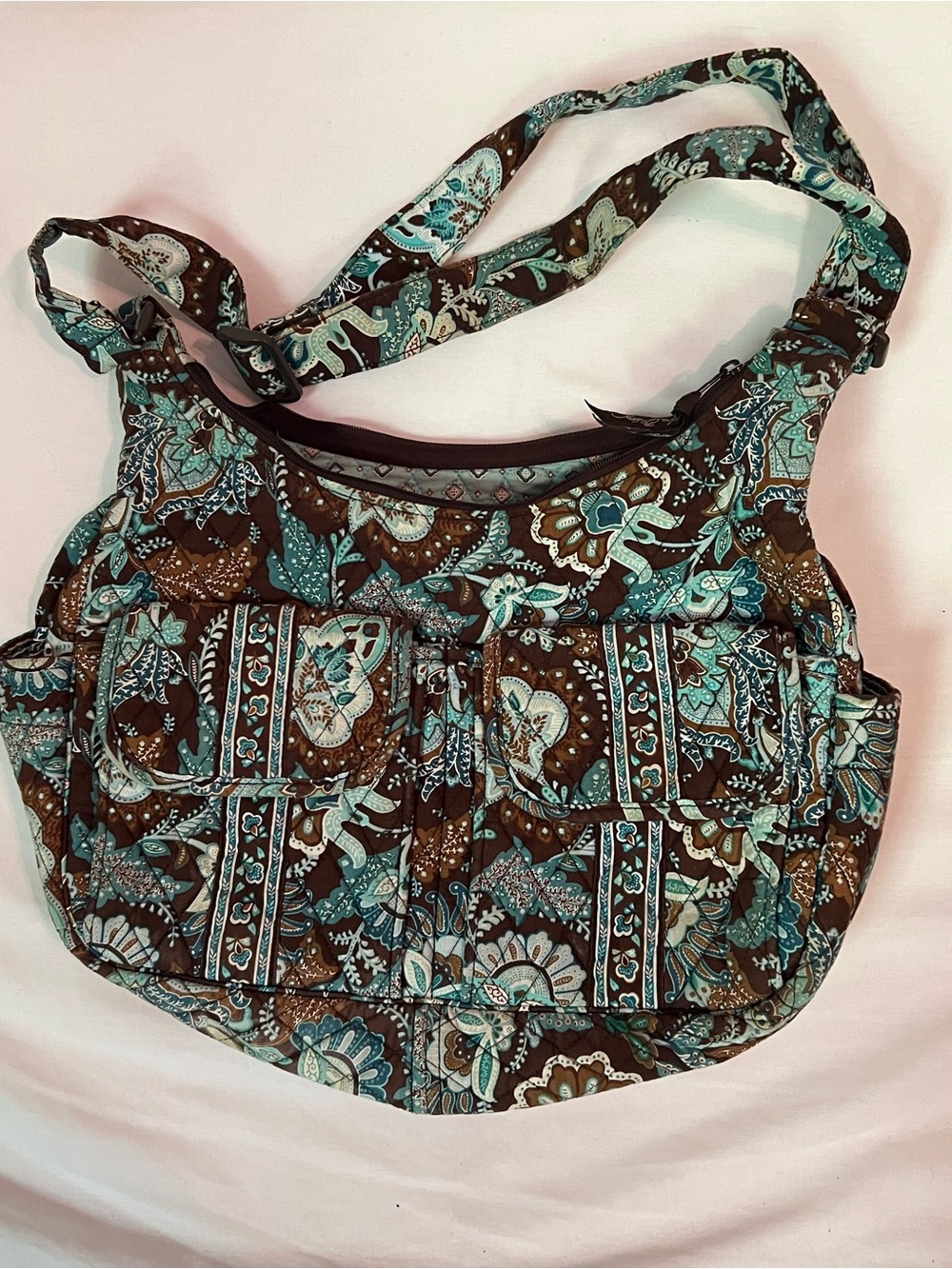 Vera Bradley Quilted Floral Crossbody/shoukder Bag - Brown & Teal with pockets